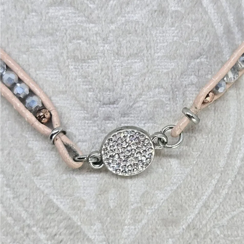 Pave Crystal Beaded Pink Leather Necklace Wrap Bracelet | Chan Luu Style Boho